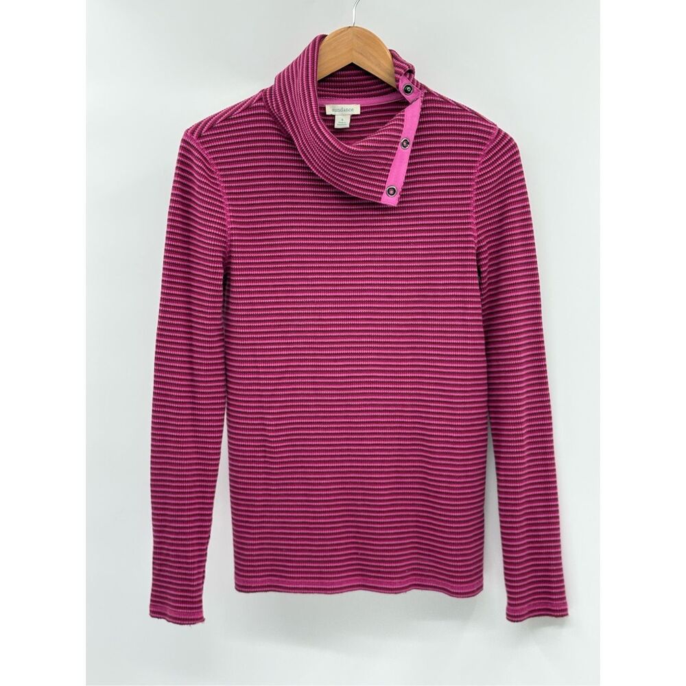 Sundance Turtleneck Top Women Small Pink Ribbed Pullover Long Sleeve Striped